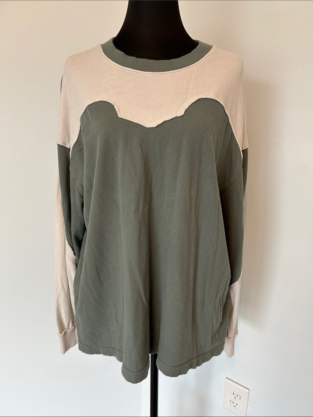BDG Relaxed Long Sleeve Crewneck Top in Olive and Cream